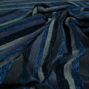 New Quality Designer Soft Chenille Luxury Striped Pattern Curtains Upholstery Interior Fabric Navy Blue Blues Colour - Sold By The 1 Metre