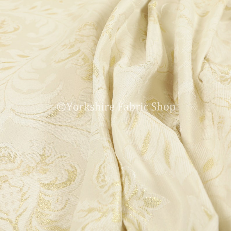 Modern Damask Pattern Golden Shine Effect Cream Upholstery Furnishing Fabric Modern Damask Pattern Golden Shine Effect Cream Upholstery Furnishing Fabric