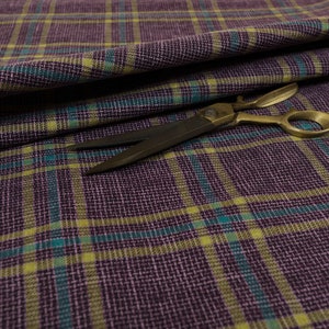 New Furnishing Fabric Textured Quality New Woven Tartan Pattern Upholstery In Purple Blue Colour Sold By The Metre