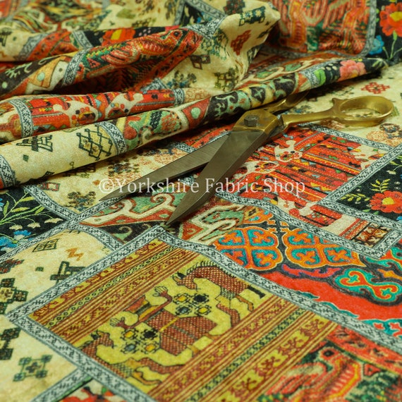 New Blue Yellow Tribal Kilim Geometric Pattern Shiny Velvet Upholstery