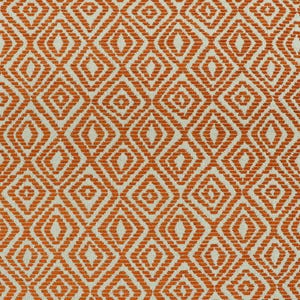 May include: Close-up of a woven fabric with a repeating diamond pattern. The design features a warm orange colour against an off-white background. The geometric pattern is made up of small, textured lines.