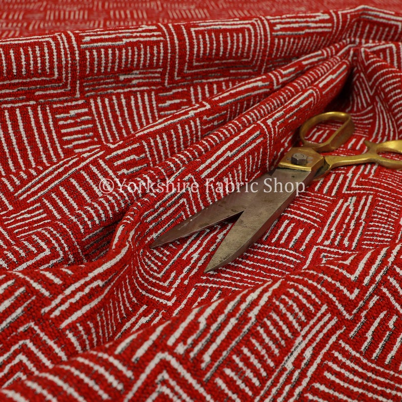 New Quality Chenille Woven Modern Gingham Patchwork Red Upholstery Fabric Sold By The 1 Metre Length Fabric