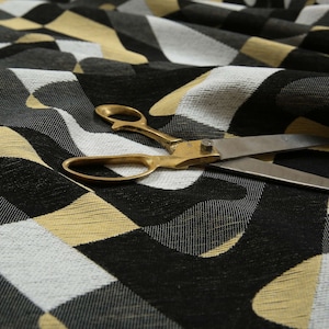 New Modern Geometric Wave Pattern Furnishing Fabric In White Black Yellow Colours Woven Soft Chenille Upholstery Fabric - Sold By The Metre