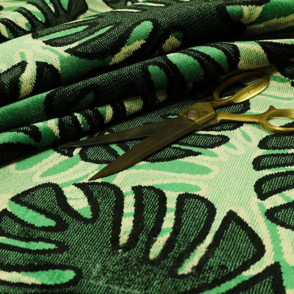 New Bold Green & Black Colour Palm Leafs Pattern Soft Velvet Upholstery Fabric Suitable For Curtain, Cushion, Blind And Sofa Upholstery