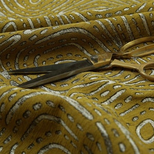 Yellow Silver Colour Designer Geometric Pattern Soft Chenille Upholstery Fabric - Sold By The 1 Metre