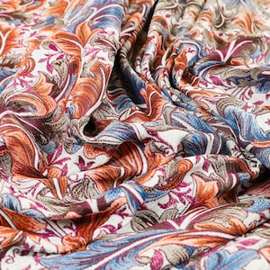 All Over Floral Pattern Orange Blue Colour Chenille Upholstery Curtain Fabrics - Sold By The 10 Metre Length Fabric