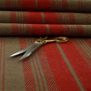 New Luxury Soft Like Cotton Striped Pattern Red With Brown Colour Woven Chenille Upholstery Fabric Perfect For Furniture - Sold By The Metre