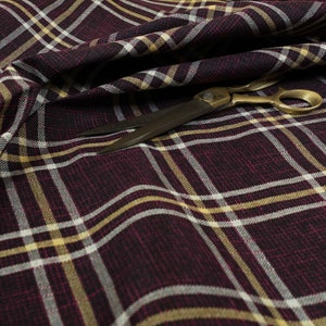 New Furnishing Fabric Textured Quality New Woven Tartan Pattern Upholstery In Purple Yellow Colour Sold By The Metre