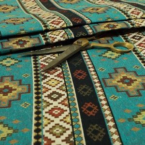 Teal Blue Chenille Upholstery Curtain Fabric Traditional Kilim Stripe Pattern image 1