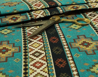 Teal Blue Chenille Upholstery Curtain Fabric Traditional Kilim Stripe Pattern