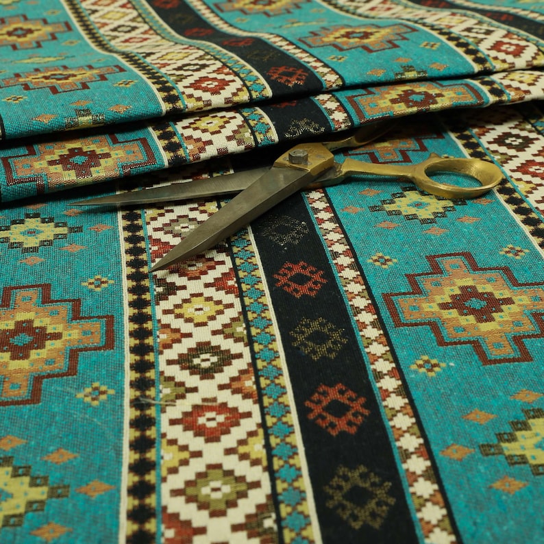 Teal Blue Chenille Upholstery Curtain Fabric Traditional Kilim Stripe Pattern image 1