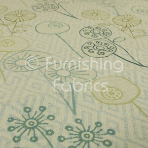 Floral With Geometric Background Pattern Blue Green Curtain Upholstery Soft Furnishings Fabrics For Sale By The Metre