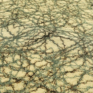 May include: A close-up of a fabric with a textured pattern of black and green lines on a beige background.