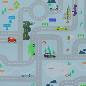 Kinderautokaart themapatroon bedrukt canvas bekledingsstof in blauwe kleur - verkocht per stof van 1 meter lengte
