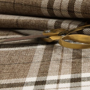 Scottish Theme Tartan Plaid Pattern Chenille Light Brown Upholstery Fabric For Sofas Chairs Curtains Soft Furnishing - Sold By The Metre