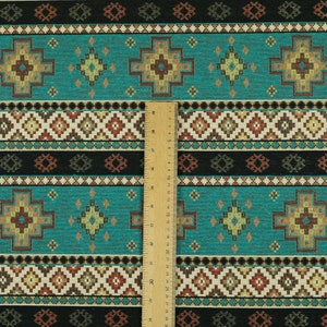 Teal Blue Chenille Upholstery Curtain Fabric Traditional Kilim Stripe Pattern image 4