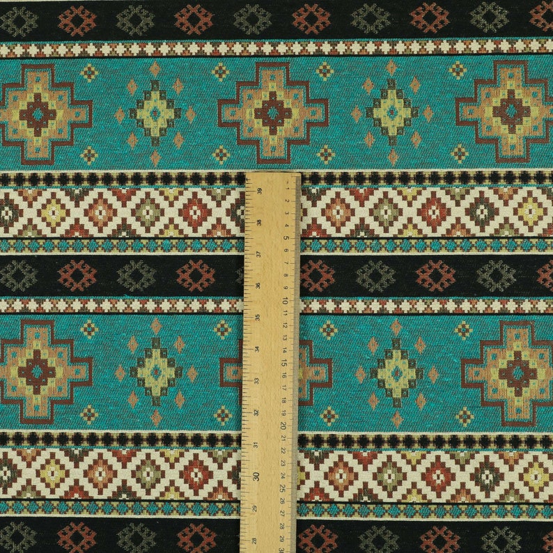 Teal Blue Chenille Upholstery Curtain Fabric Traditional Kilim Stripe Pattern image 4