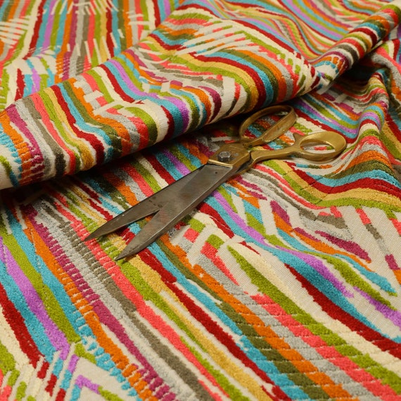 New Modern Bright Multicolour Geometric Retro Pattern Velvet Upholstery  Fabric