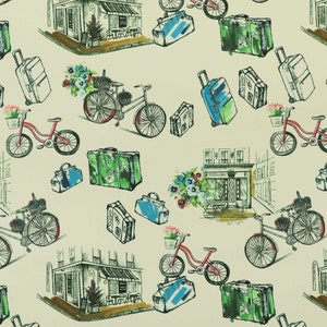 May include: A seamless pattern featuring a variety of illustrations, including bicycles, suitcases, and buildings. The pattern is set against a light beige background and features a variety of colours, including green, blue, red, and black.