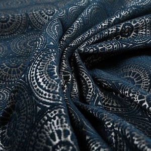 Navy Blau Glanz Effekt Geometrische Runde Medaillon Muster Polsterstoff - Meterware