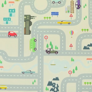 Kinderen Auto Kaart Thema Patroon Bedrukte Canvas Bekleding Stof in witte kleur - Verkocht door de 1 meter lengte stof