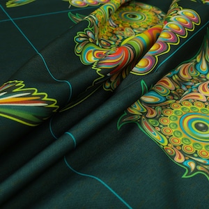Navy Blue Velour Velvet Texture Upholstery Fabric Colourful Owl Animal Pattern - Sold By The 1 Metre Length Fabric