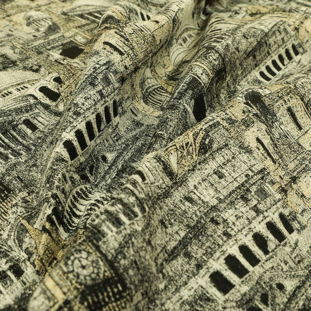 Famous World City Tourist Landmarks Pattern Mono Grey Chenille ...