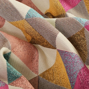 Soft Woven Jacquard Chenille Upholstery Fabric Geometric Diamond Triangle Pink Teal Gold For Sofas Soft Furnishings Curtains - Sold By Metre