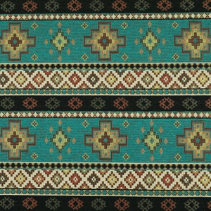 Teal Blue Chenille Upholstery Curtain Fabric Traditional Kilim Stripe Pattern image 5
