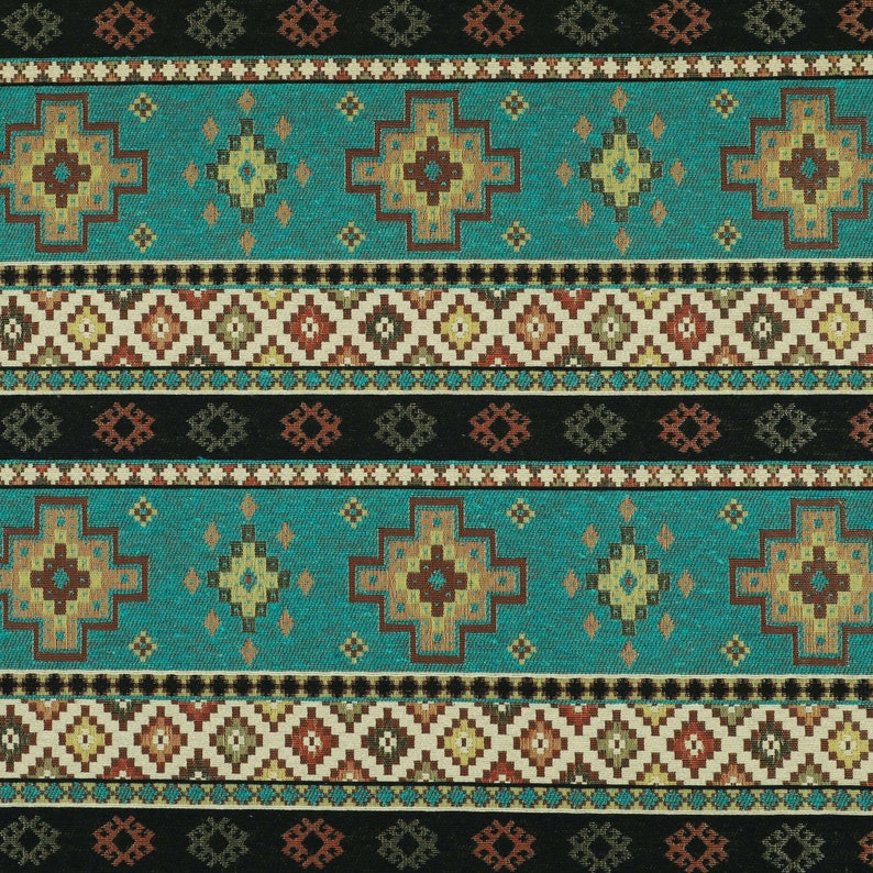 Teal Blue Chenille Upholstery Curtain Fabric Traditional Kilim Stripe Pattern image 5
