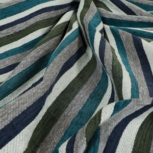 Quality Designer Soft Luxury Stripe Upholstery Fabric In Blue Grey White Colours - Sold By The 1 Metre