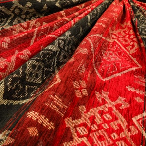 Heavyweight Kilim Aztec Pattern Red Black Chenille Upholstery Curtain Fabrics - Sold By The 1 Metre Length Fabric