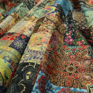 Modern Printed Velvet Wonderland Patchwork Multi Coloured Upholstery Fabric - Sold By The 1 Metre Length Fabric