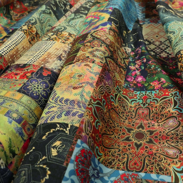 Modern Printed Velvet Wonderland Patchwork Multi Coloured Upholstery Fabric - Sold By The 1 Metre Length Fabric