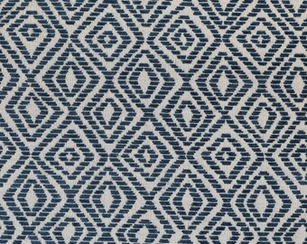 Blue Geometric Diamond Pattern Chenille Upholstery Fabrics For Sofas, Curtains, Seating, Chairs & Furniture