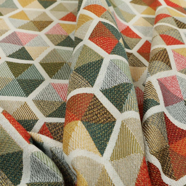 White Multicolour Chenille Upholstery Curtain Fabric Geometric Hexagon Pattern