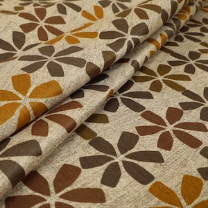 Geometric Floral Theme Brown Orange Pattern Velour Velvet Upholstery Fabric - Sold By The 10 Metre Length Fabric