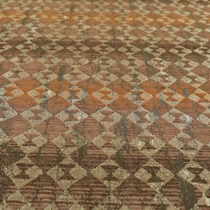 May include: A brown fabric with a geometric pattern of diamonds and squares in shades of brown, beige, and orange.