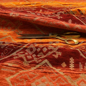 Heavyweight Kilim Aztec Pattern Orange Red Chenille Upholstery Curtain Fabrics - Sold By The 1 Metre Length Fabric