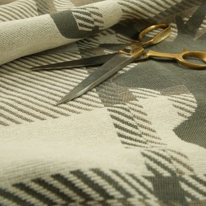 New Brown Beige Stag Head Animal Background Checked Pattern Upholstery Fabric - Sold By The Pattern Repeat Of 65cm