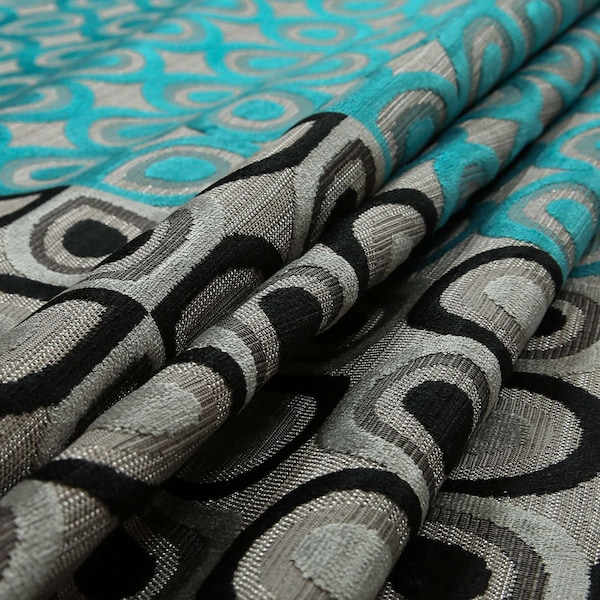 Half Half Geometric Pattern Black Grey Teal Colour Heavy Weight Quality Soft Raised Velvet Upholstery Designer Fabric - Sold By The 1 Metre