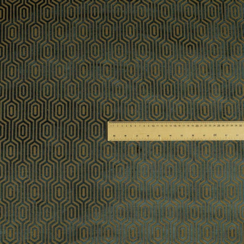 Geometric Velvet Jacquard Fabric Upholstery, Furniture, Seating, Chairs, Curtain, Cushion & Interior Design Soft Hard Wearing Quality Fabric Teal & Brown