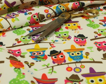 Velour Velvet Texture Upholstery Material Fabric Colourful Owls Animal Pattern - Sold By The 1 Metre Length Fabric