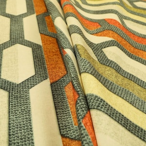 Grey Orange Green Colour Geometric Stripe Print Velour Velvet Upholstery Fabrics - Sold By The 1 Metre Length Fabric