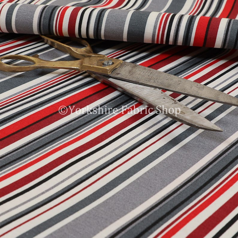 Printed Poly Cotton Water Repellent Upholstery Fabric Black Red Grey New Striped Sold By The 10 Metre
