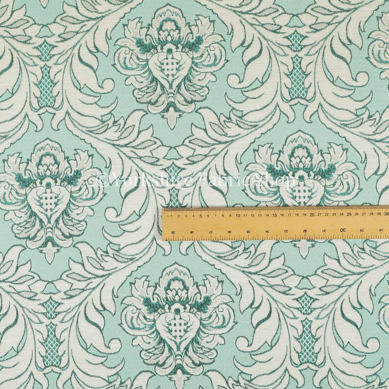 Sold By The 1 Metre Length Fabric Modern Damask Pattern Silver Shine Effect Teal Blue Upholstery Furnishing Fabric