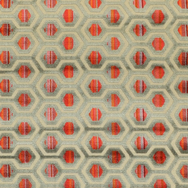 New Modern Hexagon Geometric Pattern In Red Pink Grey Colour Velvet Upholstery Fabric Suitable For Cushions, Curtains, Blinds And Sofas