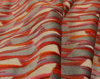 New Designer Modern Quality Grey Red Orange Geometric Patterned Velvet Upholstery Curtains Cushions Fabric