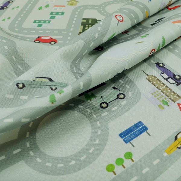 Childrens Car Map Theme Pattern Printed Canvas Upholstery Fabric Silver Colour - Sold By The 10 Metre Length Fabric