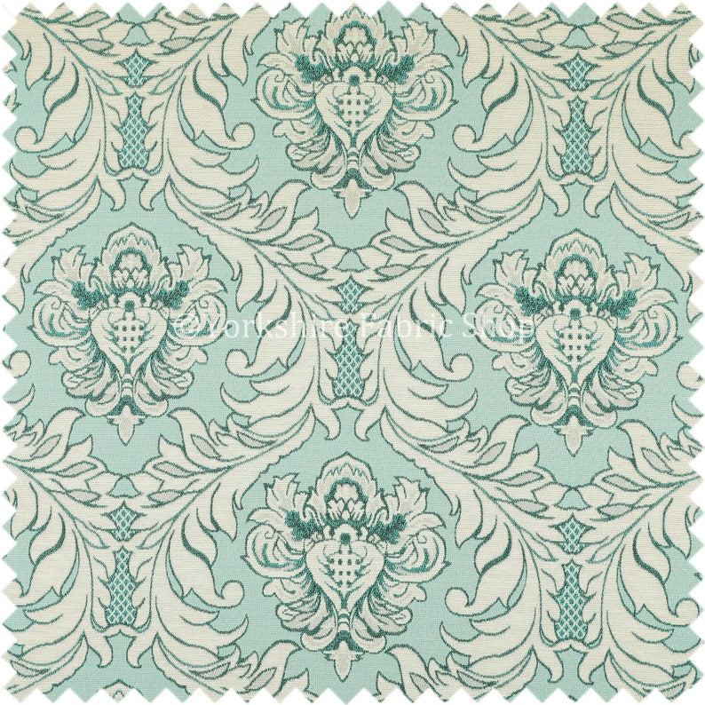 Sold By The 1 Metre Length Fabric Modern Damask Pattern Silver Shine Effect Teal Blue Upholstery Furnishing Fabric